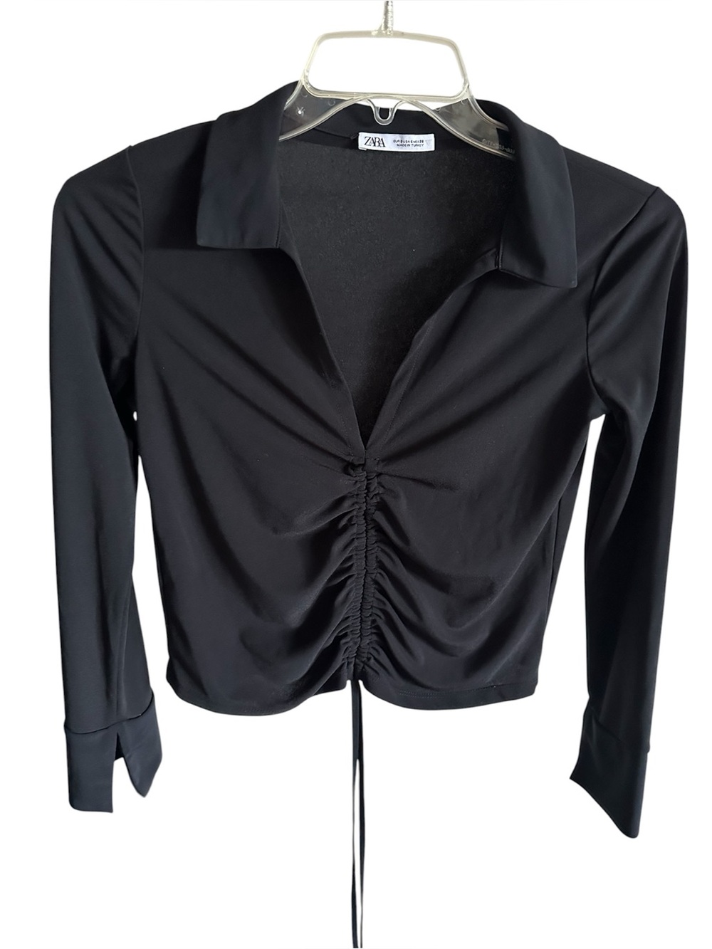 Zara Black Ruched Drawstring Long Sleeve Button-Front Top